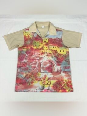 Vtg 70s JCPenney Mens XL S/S Polo Shirt Scenic Landscape Novelty Print Polyester